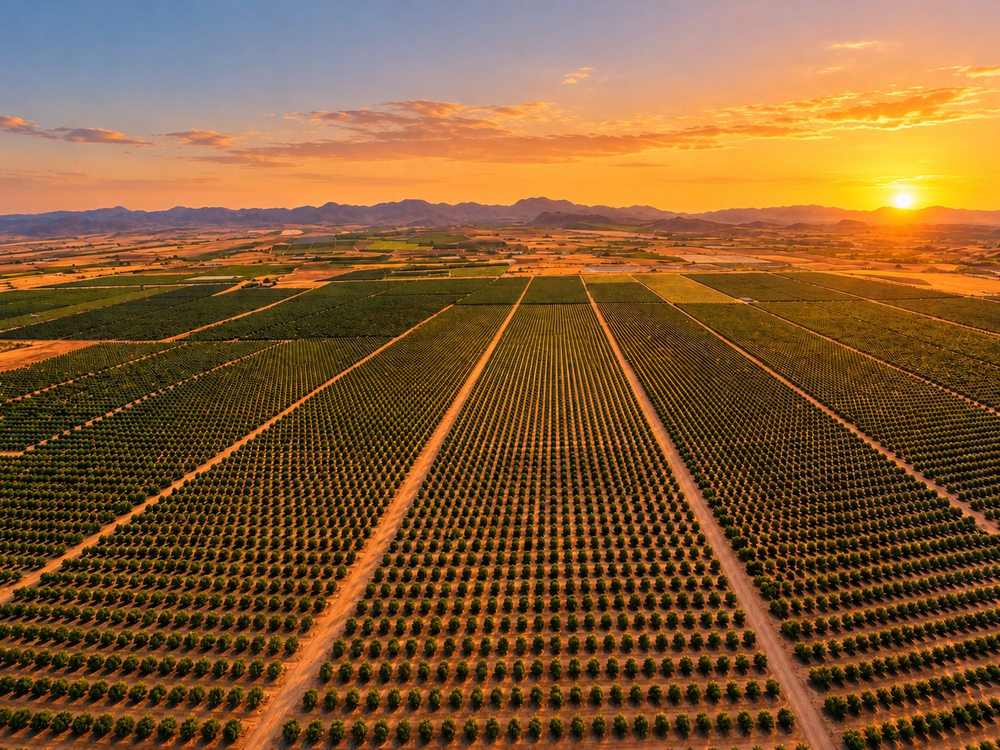 Hileras de cultivo al atardecer